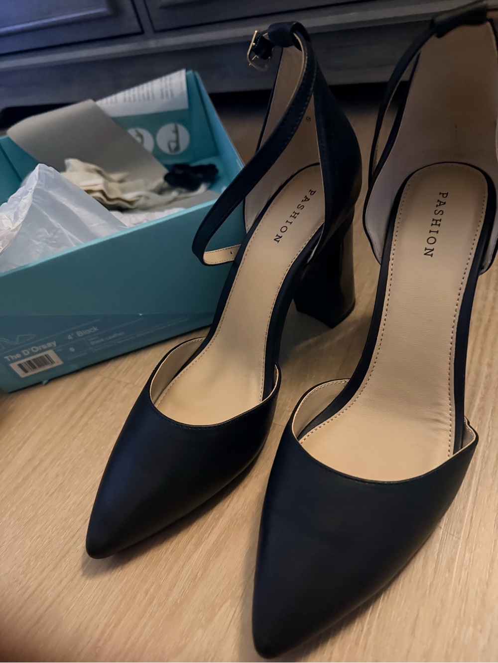 Pashion the D'Orsay 4" block shoes Black Pointed Toe Ankle-Strap Pumps